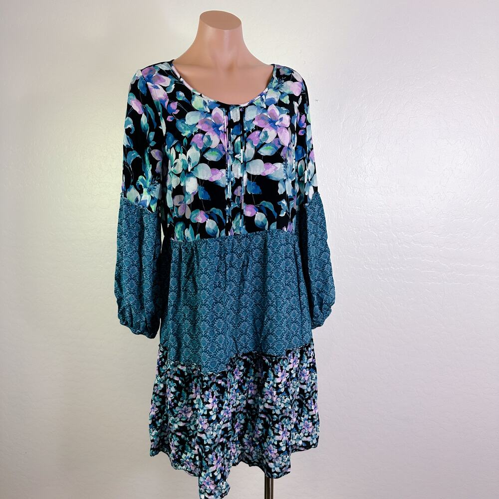 Soft Surroundings Night Bloom Long Balloon Sleeve Floral Midi Dress Blue Small